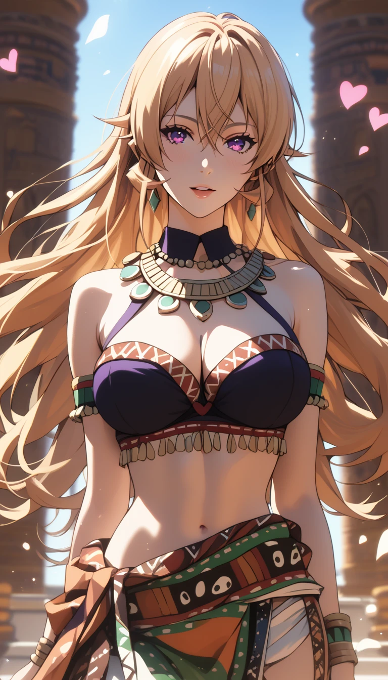 score_9, score_8_up, score_7_up, score_6_up, erina nakiri, long hair, blonde hair, purple eyes, BREAK (masterpiece:1.2), best quality, high resolution, (beautiful detailed eyes:1.3), perfect lighting, (perfect hands, perfect anatomy), hearts, pleasured, large breast, aztec outfit, commercial ad, magic-realism, 
