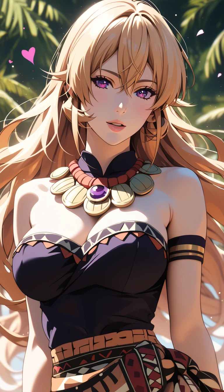 score_9, score_8_up, score_7_up, score_6_up, erina nakiri, long hair, blonde hair, purple eyes, BREAK (masterpiece:1.2), best quality, high resolution, (beautiful detailed eyes:1.3), perfect lighting, (perfect hands, perfect anatomy), hearts, pleasured, large breast, aztec outfit, commercial ad, magic-realism, 
