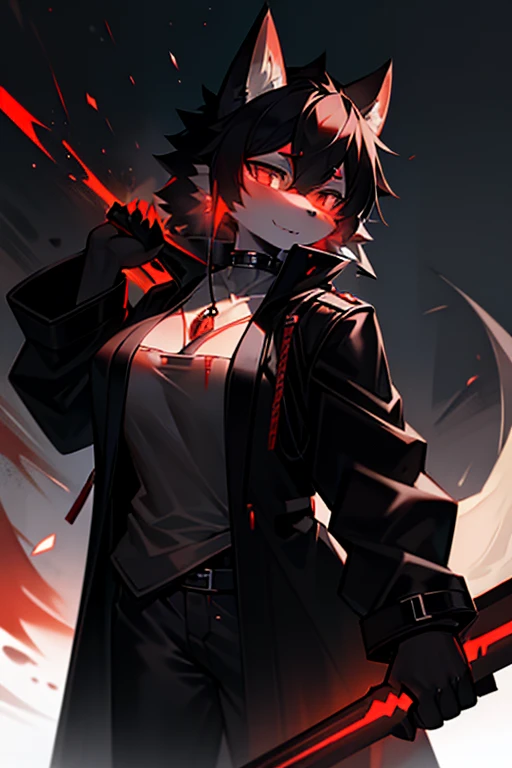 A black and red wolf Fury，Wearing a black trench coat，Holding a huge black sword in his hand，There is a blood drop pendant hanging around her neck.。