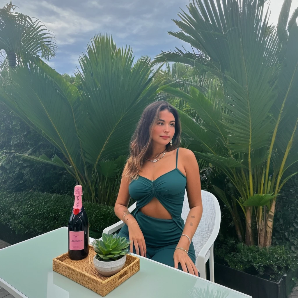 une femme séduisante dans un cadre parfait pour un post Instagram. La femme a une silhouette élancée et porte une robe moulante élégante de couleur vert émeraude avec des détails sophistiqués et séduisants. Ses cheveux sont longs, bouclés et d'un blond doré, tombant librement sur ses épaules. Elle porte un maquillage glamour avec un rouge à lèvres rose vif et un eye-liner dramatique. La femme pose de manière confiante, une main sur la hanche et l'autre tenant une coupe de champagne, avec un sourire séduisant et envoûtant sur son visage. Le décor est une terrasse tropicale luxuriante, située dans un complexe de villas de luxe en bord de mer, avec une vue imprenable sur l'océan au coucher du soleil. La terrasse est éclairée par des lanternes en rotin suspendues qui créent une ambiance chaleureuse et intime. Autour de la terrasse, il y a des fauteuils en osier avec des coussins moelleux et des tables basses en bois exotique. Des guirlandes lumineuses et des bougies parfumées ajoutent une touche romantique et magique. Des palmiers et des plantes tropicales luxuriantes accentuent l'ambiance paradisiaque du lieu. À proximité, une table basse en verre est décorée avec des fleurs tropicales, des coquillages et des verres à cocktail, ajoutant une touche de luxe et d'exotisme. La palette de couleurs est tropicale et vibrante, dominée par des tons de vert émeraude, de doré et de rose, avec une ambiance générale de luxe, de séduction et de paradis exotique.