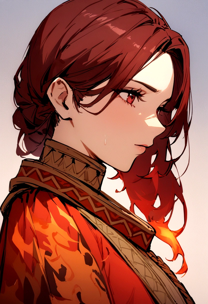 masterpiece, best quality, simple background, portrait, solo, 1girl, long dark red hair, colonialist style, elements of fire and flame on clothes, an adult beautiful girl