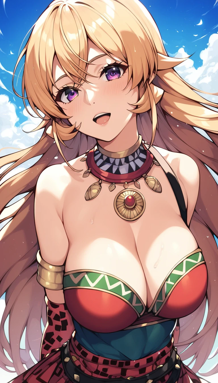 score_9, score_8_up, score_7_up, score_6_up, erina nakiri, long hair, blonde hair, purple eyes, BREAK (masterpiece:1.2), best quality, high resolution, (beautiful detailed eyes:1.3), perfect lighting, (perfect hands, perfect anatomy), hearts, pleasured, large breast, aztec outfit, commercial ad, magic-realism,