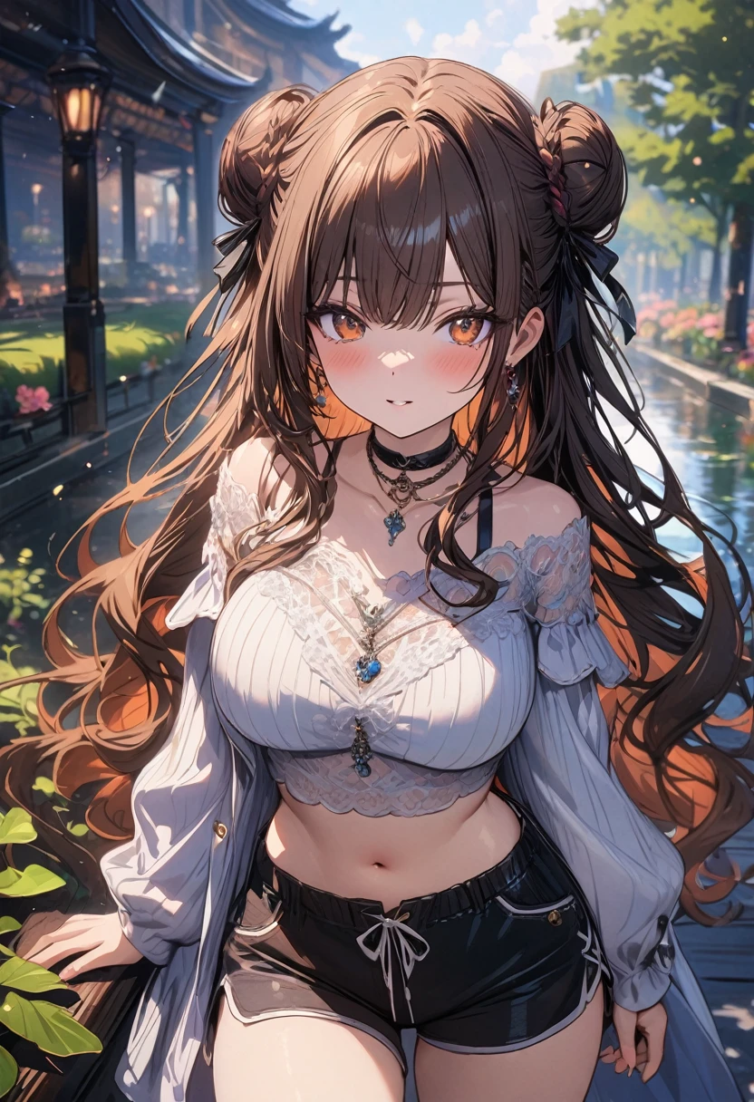 (masterpiece), best quality, very aesthetic, newest, absurdres, detailed, high quality
BREAK
highest quality, top quality, details, highres, ultra fine painting, digital art, official art, cinematic, 4k, 8k resolution, 8K CG wallpaper, CG, original artwork, detailed background, colorful background, blue atmosphere, High Dynamic Range, blurry background, blue hour, Starburst effects, crepuscular rays, good ISO, high resolution, wide shot, from far away, RAW photo, POV, sharp focus, light reflection, reflections, intricate details, soft light, particle noise, professional photography, bokeh, depth of field, natural lighting, vibrant colors, looking away, detailed lights and shadows, stylish, ultra-detailed, top rated on Pixiv, trending on Artstation, niji style, modern-days, master crafted, pose
BREAK
solo, (close up), 1girl, pale skin, correct fingers, detailed hand, (big breasts:1.2), big thighs, small torso, short body, flushtered, blush, anxious expression, embarassed, embarassed act, casual, slim, ((cute, childlike face):1.3), nice body, nice hips, brown hair, (very long flowing hair), (big 2 buns hairstyle)), long bangs, long hair, middle hair bangs, brown eyes
BREAK
(white loose-fitting crop shirt, long sleeve, string sweatshorts, choker, casual wear style, detailed tummy, belly button, modern fashion)
BREAK
tranquil park scene, the park features lush, green grass, a variety of trees in different shapes and sizes, and a serene pond reflecting the sky. Scattered benches and winding pathways invite visitors to stroll and relax. Include a vibrant flower garden with a mix of colorful blooms.