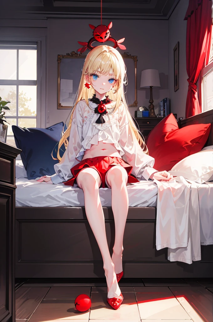 (masterpiece,high resolution, Extremely detailed),Cosy bedroom,1 Boy,((Solitary)),Adult,Looking at the audience,Light Blonde Hair,blue eyes,Delicate eyes,Long eyelashes,Crystal eyes,Short and delicate hair,Lace shirt,Flat Belly,Slender legs,(Red nose:1.4),(Full Body Love),