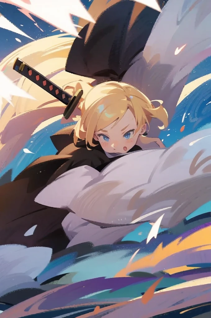 have a blonde waifu finishing an attack with a large samurai sword leaning forward and one leg forward too