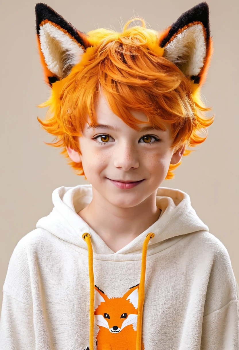 (vtubermodel:1.2) fullbody,1boy,,hood, beautiful orange hair, Short hair, slightly fluffy, with naturally curly ends and some broken hair hanging in front of the forehead.beautiful yellow eyes,fox ears,1fox tail,light smile,whitle background,