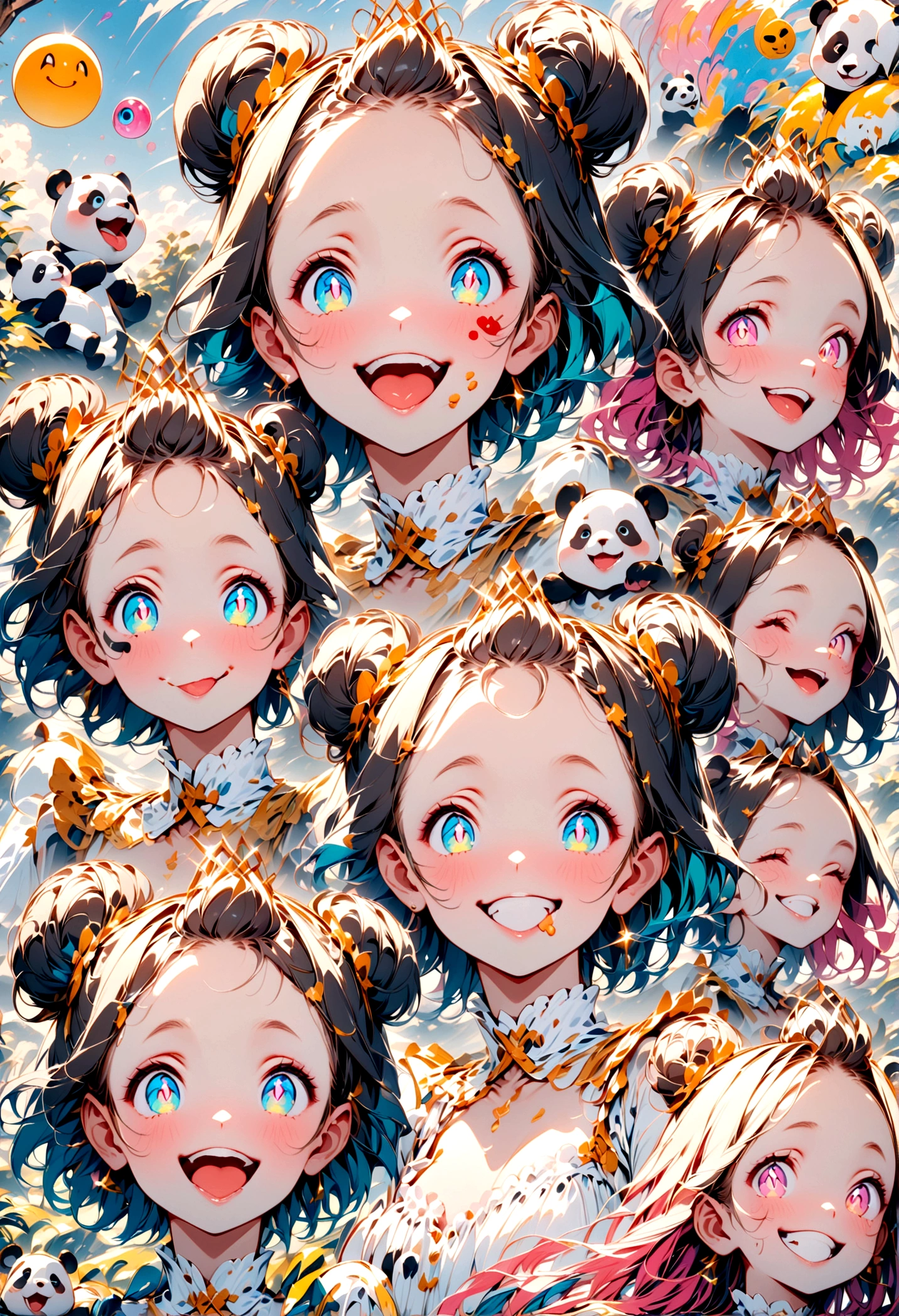 black hair, gradient hair, double bun, crossed bangs, bangs pinned back, facepaint, aqua eyes, eyeball, wide eyes, gradient_eyes, slit pupils, pupils sparkling, solid circle eyes, pink eyes, food on face, tongue, fingersmile, expressions, bright pupils, smiley, glint, laughing, happy, excited, oral invitation, Surrealism, Pop art, glowing light, cowboy shot, 8k, super detail, UHD, retina, retina, masterpiece, accurate, anatomically correct, textured skin, super detail, high details, high quality, award winning, best quality, highres、Create an anime-style illustration of an anthropomorphized panda girl with a cute face. She wears panda-inspired clothing and has a gluttonous, energetic, and tomboyish personality. The background includes bamboo, and several elements in the illustration should remind viewers of pandas. The world should be colorful and pop, with only one character present.