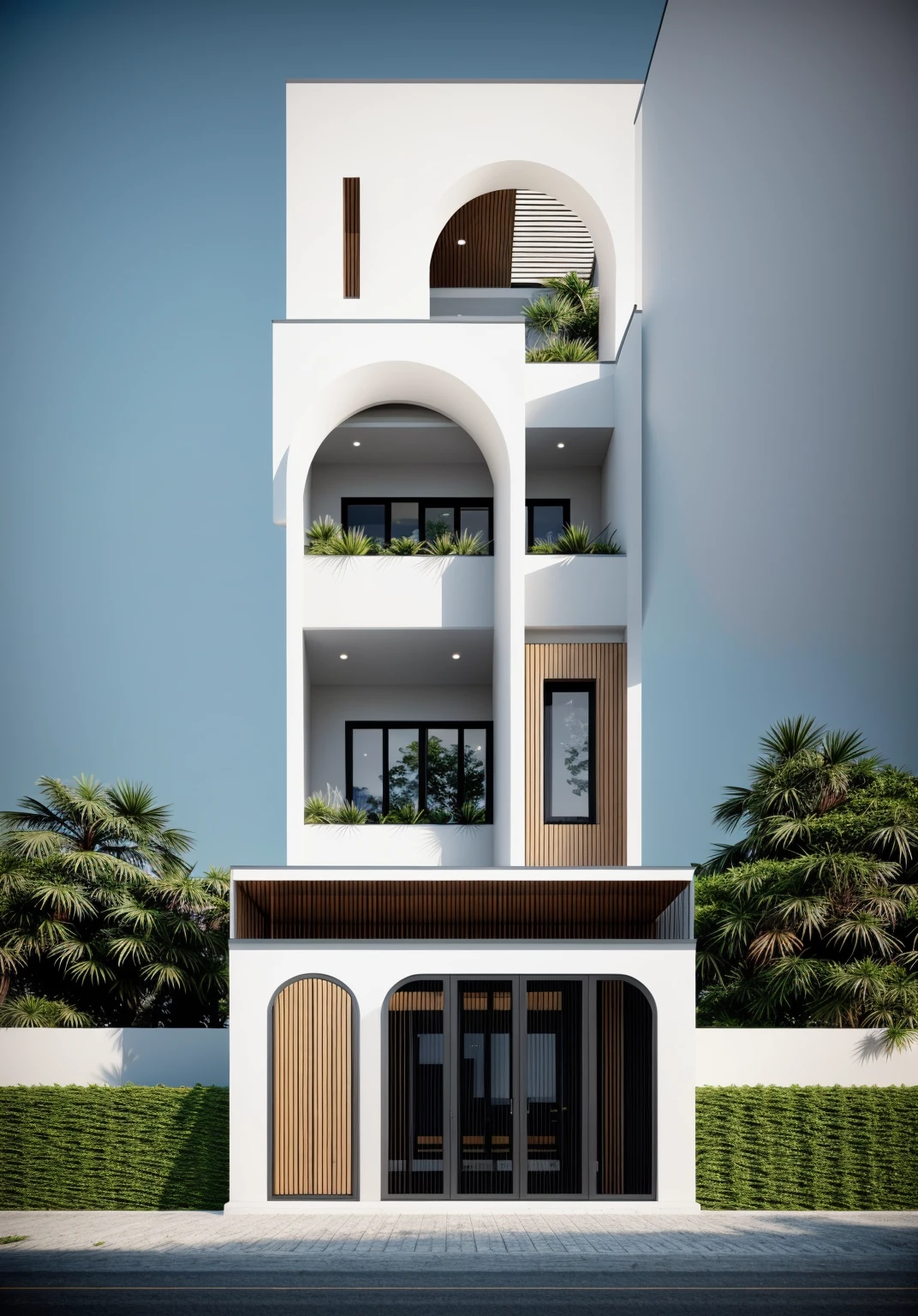 1 morden architect, main material by white wall and wood, 1large yard, 1 road runs in front of the house, (RAW photo, real, best quality, masterpiece:1.2), look morden minimalist, 1 road in front of the house, dynamic lighting:1.3, (hyper realistic, photo-realistic:1.2), high quality, (dark lighting:1.2), perfect lighting, archdaily, no human