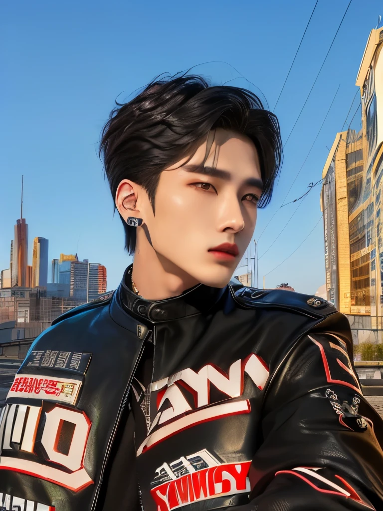 sharp man with a leather jacket in front of a city, cai xukun, hyung tae, Jinyoung Shin, yanjun chengt, xqc, Tae June Kim, sha xi, kanliu666, Ulzzang spacious, young pale angel, Hong Jun Hyung, profile picture with headshot, Sakimichan, ten lee, zmonzheng