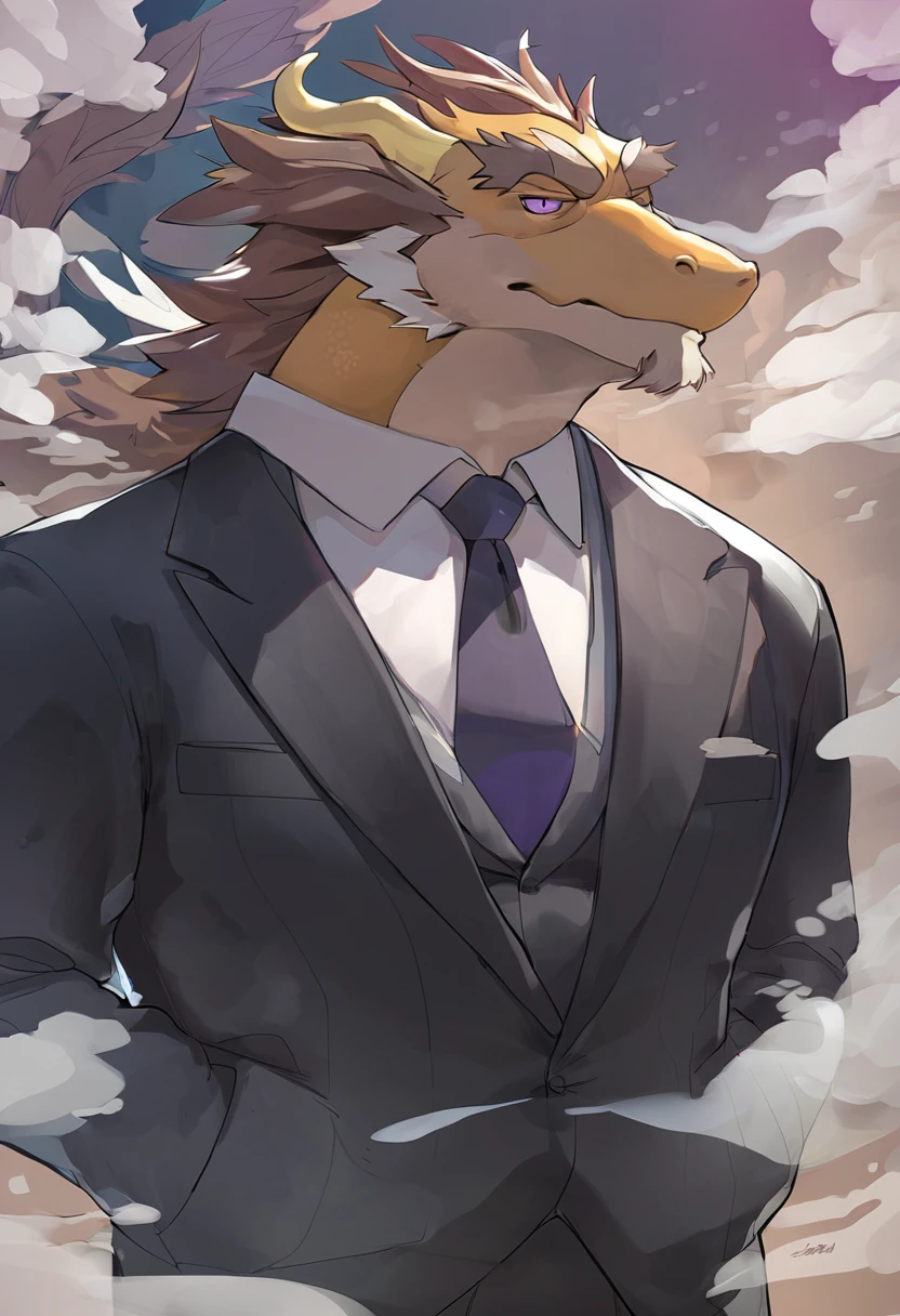 Chinese dragon,personification,Mature male,Bad Uncle,Cold expression,Purple pupils,Brown eyebrows,Black suit suit,Hands in pockets,The Age of Steam,garden。