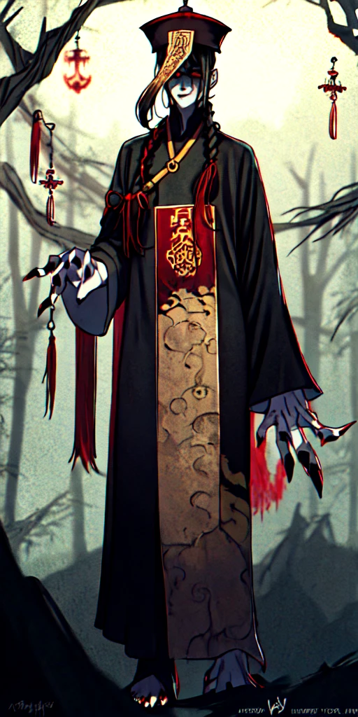 lora:flat:-1.2, masterpiece, best quality, 4k, 8k, 1 woman, solo, tall stature, long hair, blunt bangs, side braid, black hair, ugly face, bad face, bad eyes, droopy eyes, unclear eyes, ruby red eyes, lemon yellow eyes, pale skin, black eyeliner, black eye shadow, heterochromia, slender frame, sad, ofuda, jiangshi costume:1.2, fang, horror, coffin, forest, dark night, stormy weather, fog, from front, cowboy shot, look at viewer, paw pose,