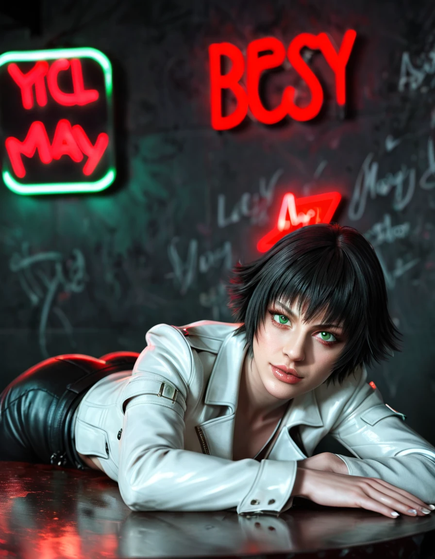 (best quality:1.2), lady (from devil may cry 5:1.1), perfect face, white jacket, black pants, green eyes,lying on the table, in a dark agency background, devil may cry neon red sign , night, alone, dark wall
