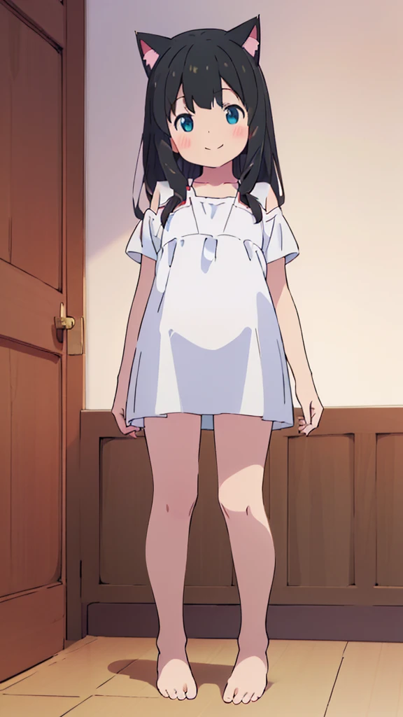 ((masterpiece))((Highest quality))Cat ear、girl、smile、blush、Flat Chest、Are thin、、low length、Black Hair、Leg-length hair、Embarrassed、Are standing、Whole body image、Even your toes are visible、Eye level on face、front、No background、mayonnaise、真frontのアングル