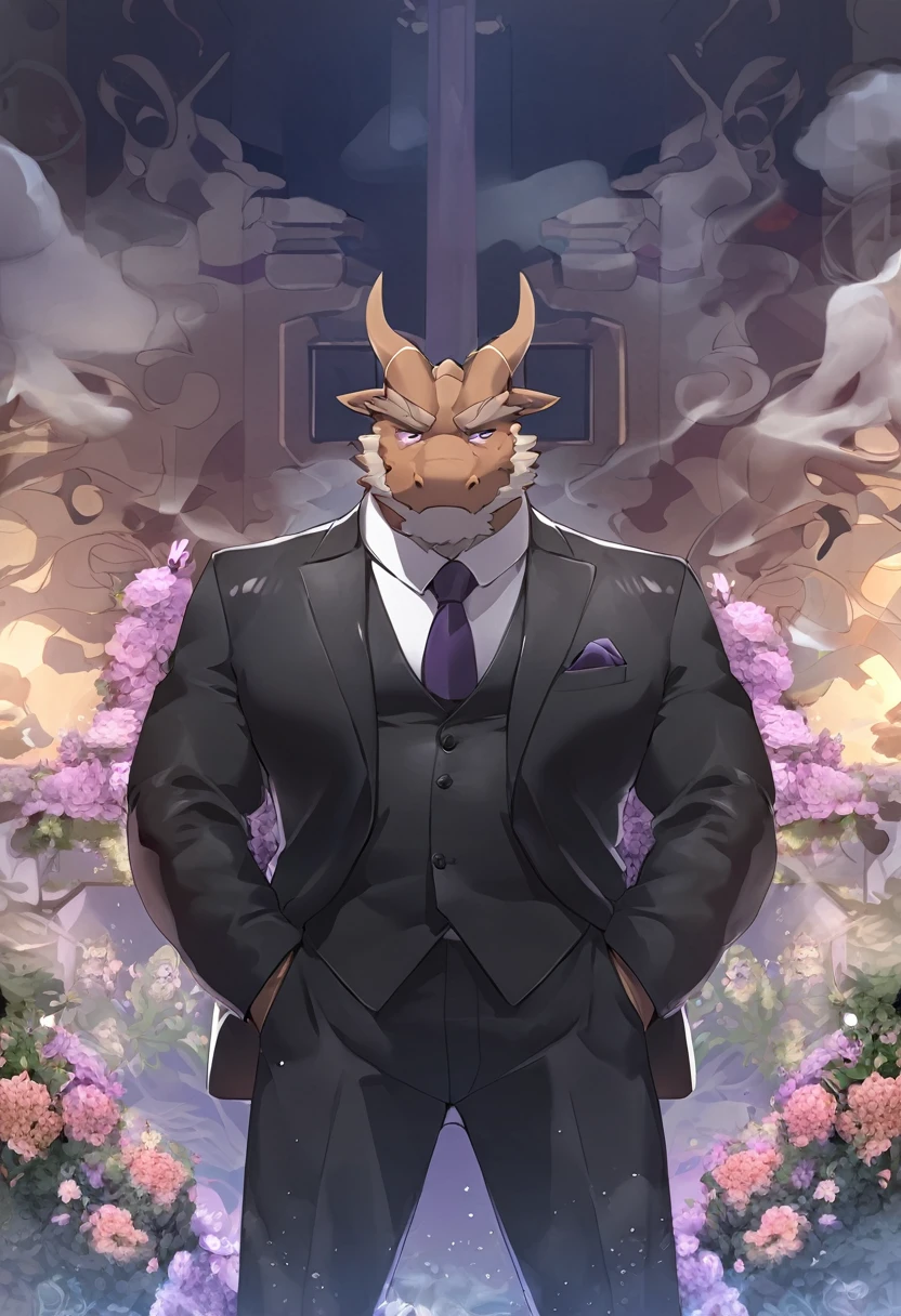 dragon,personification,Mature male,Strong Man,Cold expression,Purple pupils,Brown eyebrows,Black suit suit,Hands in pockets,The Age of Steam,garden。