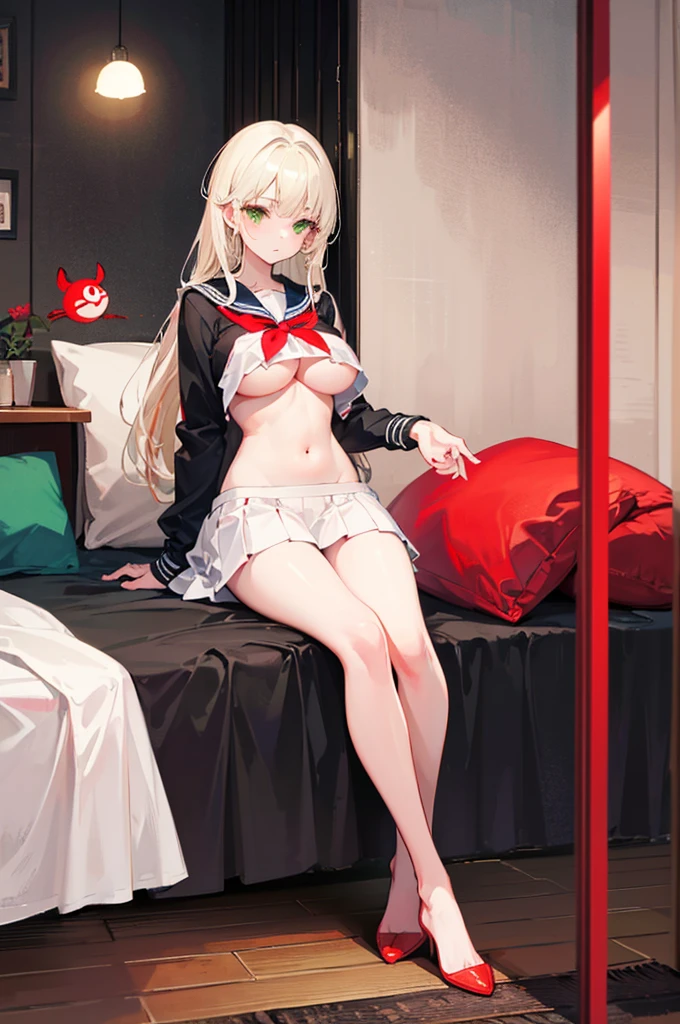 (masterpiece,high resolution, Extremely detailed),Cosy bedroom,1 Girl,((Solitary)),Looking at the audience,Light Blonde Hair,Green Eyes,White hair,(Huge tits),Sailor Suit,up skirt,Flat Belly,Slender legs,(Red nose:1.4),(Full Body Love),