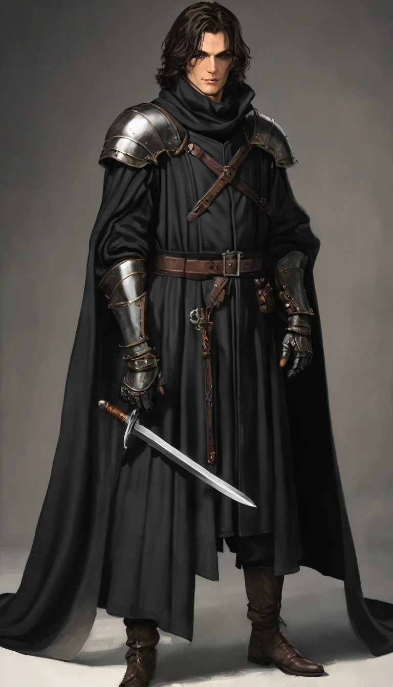 full-length photo of a 1.80 meter man, long black overcoat , long and short hair, brown eyes, medieval armor with clawed metal gloves,. He has scars on the corner of his mouth and left eye and a medieval sword.