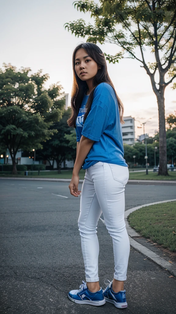 A 25 year old filipina girl wearing a blue tshirt and white jeans and sneakers the background is nigth and koraen park.