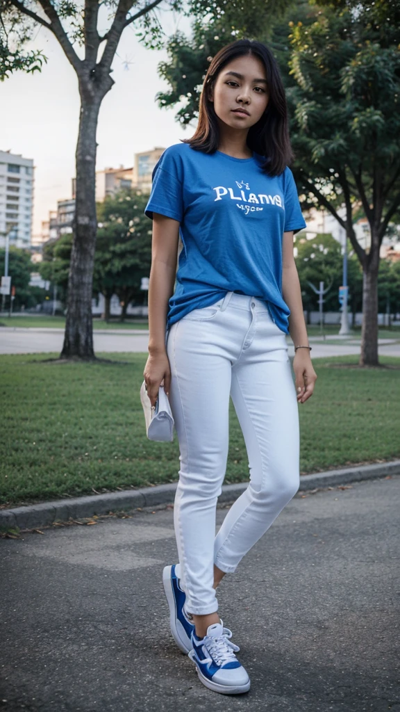 A 25 year old filipina girl wearing a blue tshirt and white jeans and sneakers the background is nigth and koraen park.