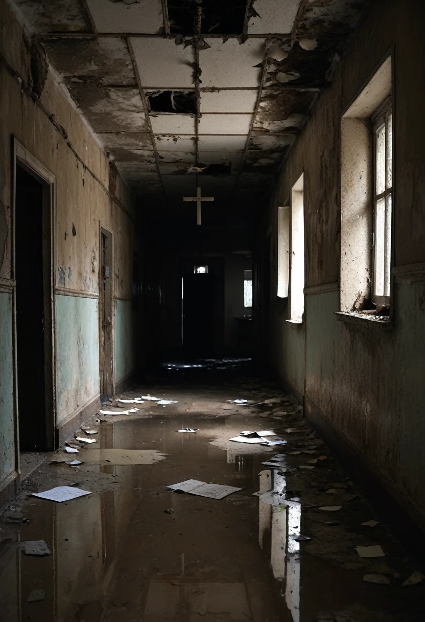 Gloomy and dark corridors. The place is dirty and in poor condition. The walls are deteriorated and there is mold on them. There are holes on the floor in the walls and on the ceiling. In the hallway there are several metal doors. Several pages of torn paper littered on the floor. On the walls there are several crucifixes. The place looks like an abandoned religious orphan. The place is deserted. The atmosphere is dark and nocturnal.