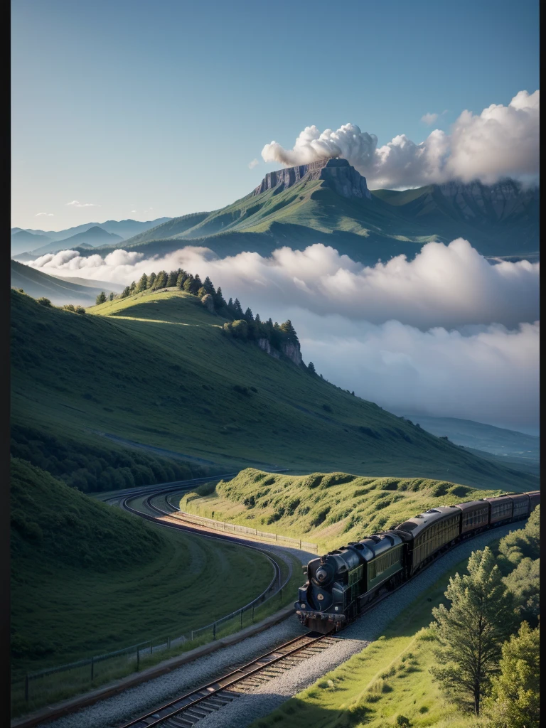 Create a train with chrome parts, moving image, light background, Art Canvas, steam locomotive artistic painting. exuberante, impressive. blue sky. day Of course. Green mountain in the background. (TOURISM PASSING LOCOMOTIVE), OPEN WAGON.