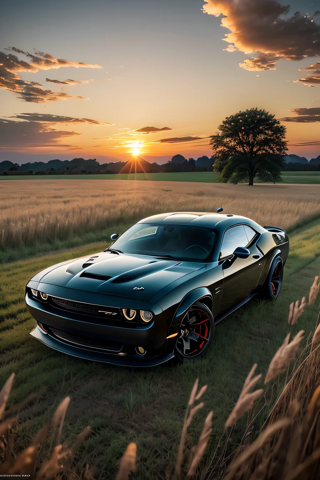 landscape of A pearl black classic Dodge Challenger SRT Demon sits in a field of tall grass with a sunset in the background.beautiful, beautifulpeace scene, Makoto Shinkai Cyril Rolando, amazing wallpaper