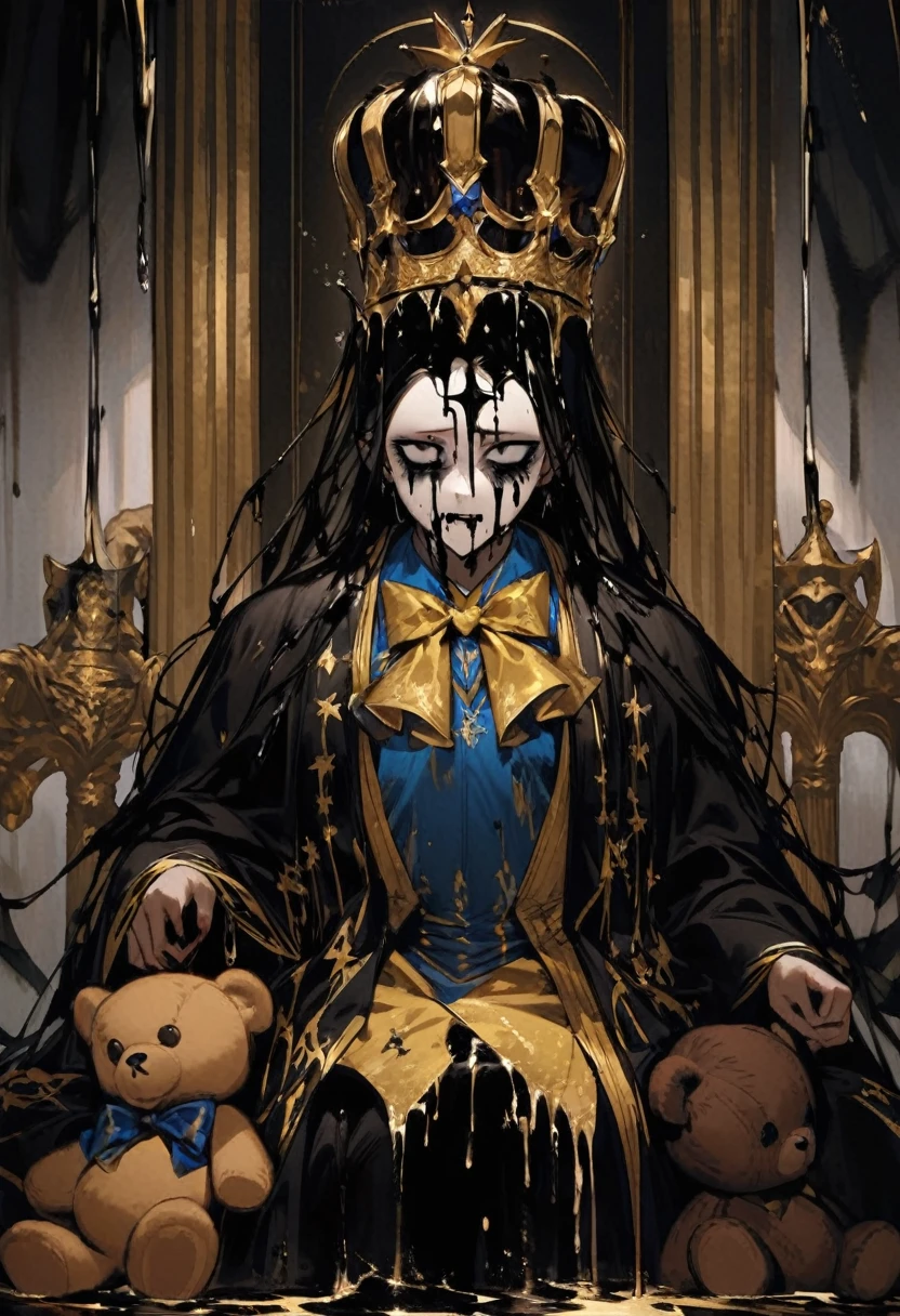 a caramel-colored teddy bear, wears a yellow and blue bow tie, he has a black crown that floats over his head, his eyes are big with stars inside, there is a black liquid dripping from his eyes, he is in a hall of royalty all gilded, he is the king, he is evil, he is hideous and frightening, scary, horror picture