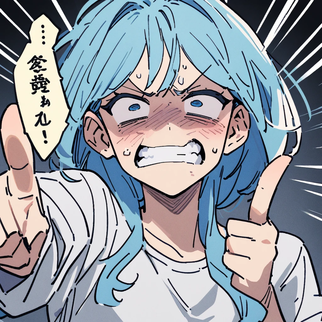 、girl、Blue Hair、Pointing a finger and looking frustrated、regrettable、I'm gritting my teeth、newest、Gag Manga、Slanted Eyes