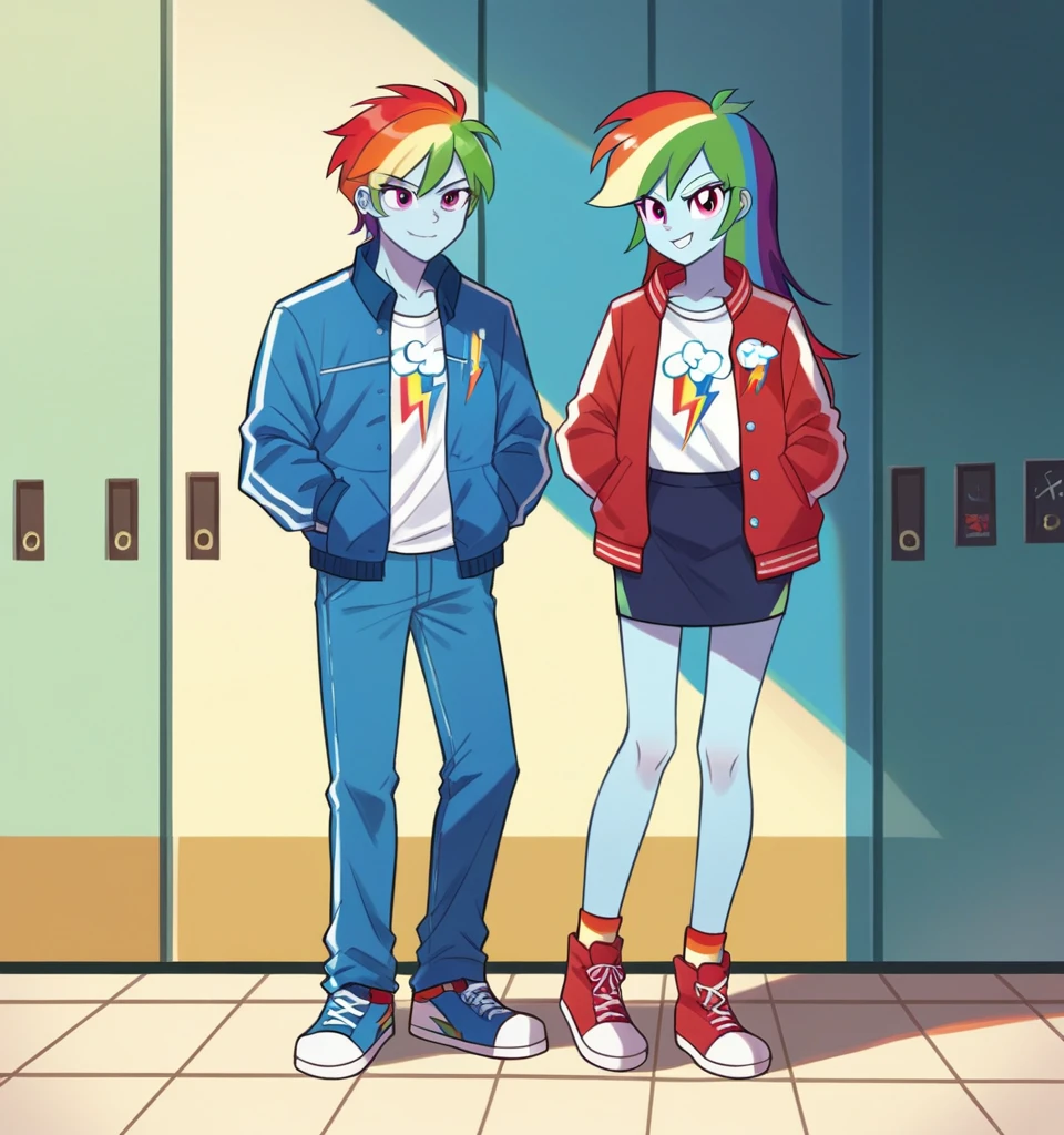 ((High Quality)) (( Perfect Cartoon Autonomy)) Masterpiece, Kai And Rainbow Dash, 1 girl and 1 boy only, Kai has brown spiky
Hair and is wearing a white t-shirt with a red jacket and blue jeans While Rainbow Dash is wearing a white t-shirt with a blue Jean jacket and skirt, Kai and Rainbow Dash Equestria Girls, full bodies, Standing, in the hallways of High School, Kai and Rainbow Dash, cuerpo completo, high resolusion