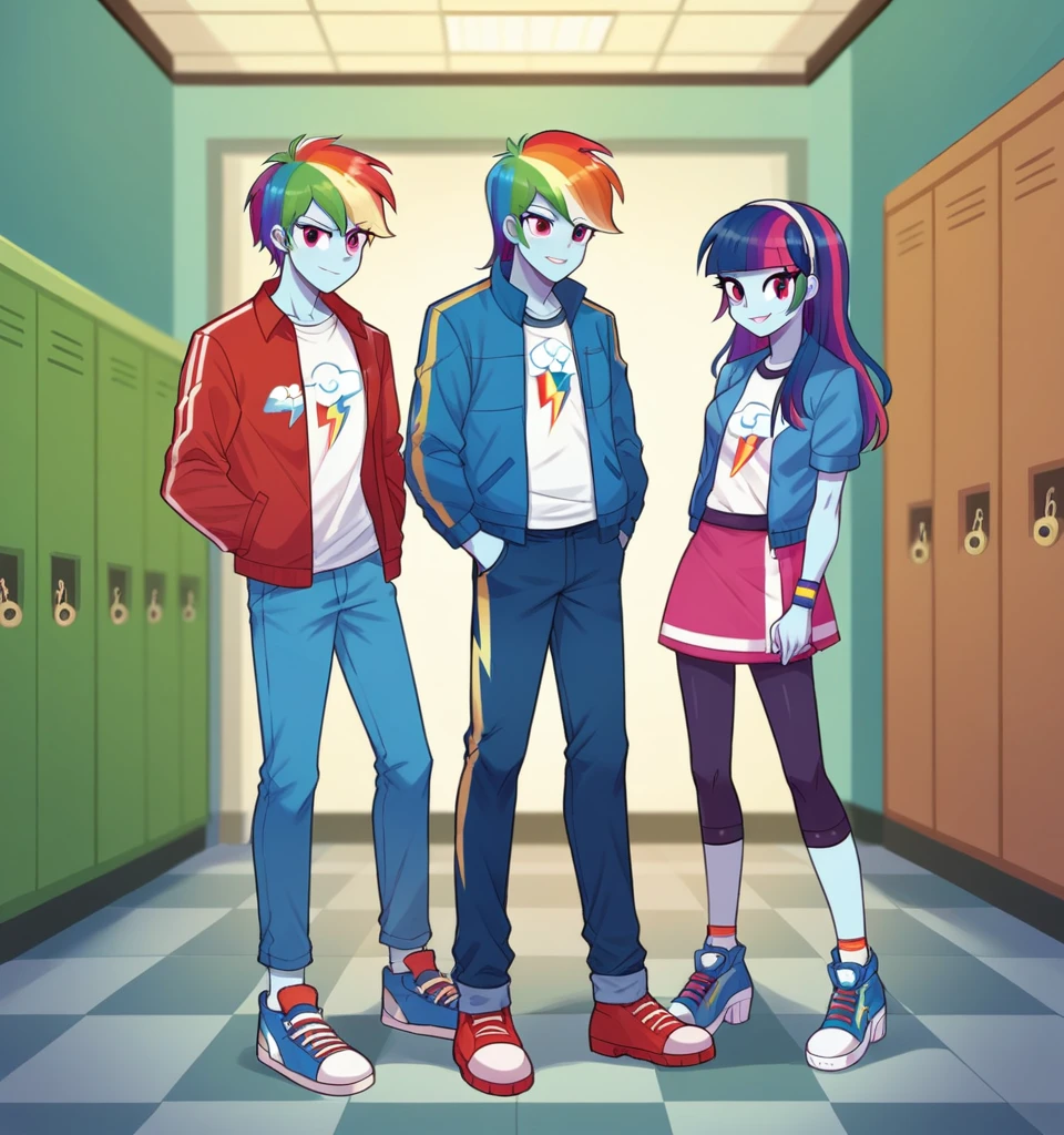 ((High Quality)) (( Perfect Cartoon Autonomy)) Masterpiece, Kai And Rainbow Dash, 1 girl and 1 boy only, Kai has brown spiky 
Hair and is wearing a white t-shirt with a red jacket and blue jeans While Rainbow Dash is wearing a white t-shirt with a blue Jean jacket and skirt, Kai and Rainbow Dash Equestria Girls, full bodies, Standing, in the hallways of High School, Kai and Rainbow Dash, cuerpo completo, high resolusion