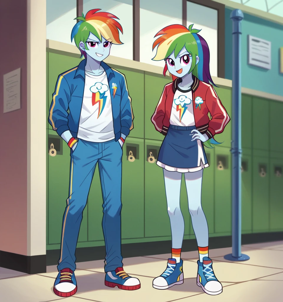 ((High Quality)) (( Perfect Cartoon Autonomy)) Masterpiece, Kai And Rainbow Dash, 1 girl and 1 boy only, Kai has brown spiky
Hair and is wearing a white t-shirt with a red jacket and blue jeans While Rainbow Dash is wearing a white t-shirt with a blue Jean jacket and skirt, Kai and Rainbow Dash Equestria Girls, full bodies, Standing, in the hallways of High School, Kai and Rainbow Dash, cuerpo completo, high resolusion