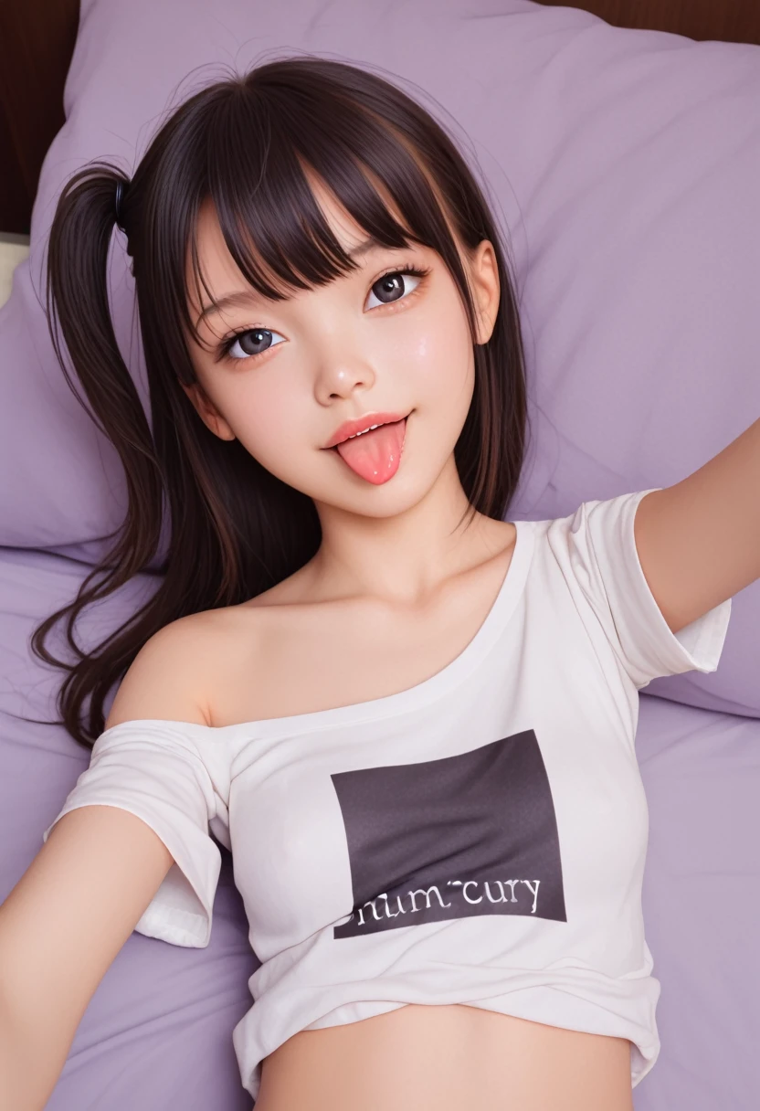 ollarbone,pastel colors t-shirt,off-shoulder look,bare shoulder,midriff peek,micro shorts,open mouth,(tongue out:2),lying,Selfie,looking ahead,from above,front view,upper body,(1girl,Beautiful 14 year old girl),((Slender,Small breasts,Small face,)),looking at viewer,Black Hair,bangs,one side up,Beautiful and detailed,Mischievous smile,Dimly lit room,Simple Background,bed,pillow,best quality