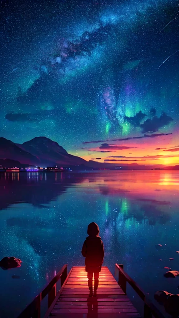 a silhouette of boy sitting in the pier next to a lake, in the distance, from behind, no face shown, looking at the vast sky, clouds, shooting stars, aurora borealis, milky way, the scene is dominated by vast sky, octane color rendering 