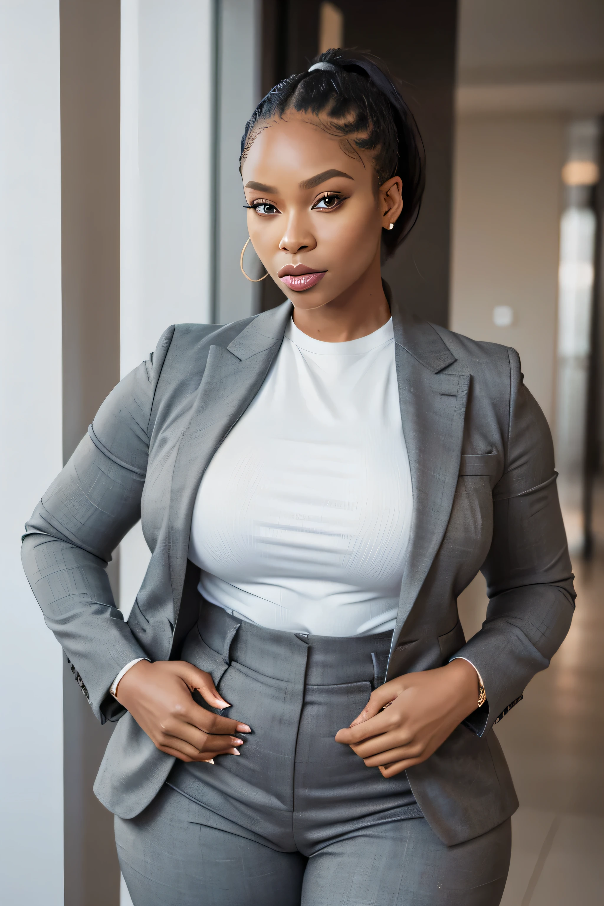 Portrait of a black woman as a CEO, tailored gray tailored suit, blazer, pants, curvilinear, voluptuous, huge breasts, small waist, high cheekbones, thick lips, ponytail with side bangs, high, white t-shirt