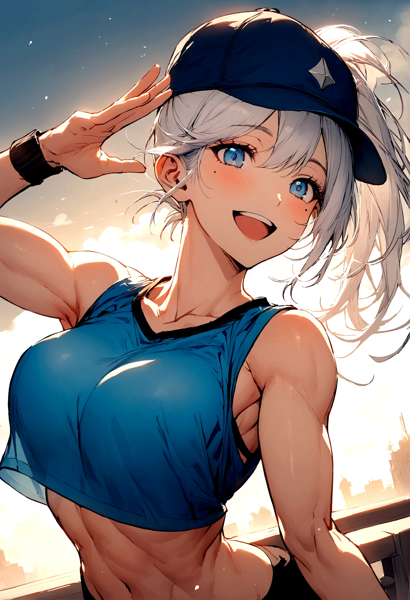 Girl, white hair, blue eyes, ponytail the flares out, hat, mole next to left eye, mole next to right eye, blue sports shirt, happy and energetic, toned body