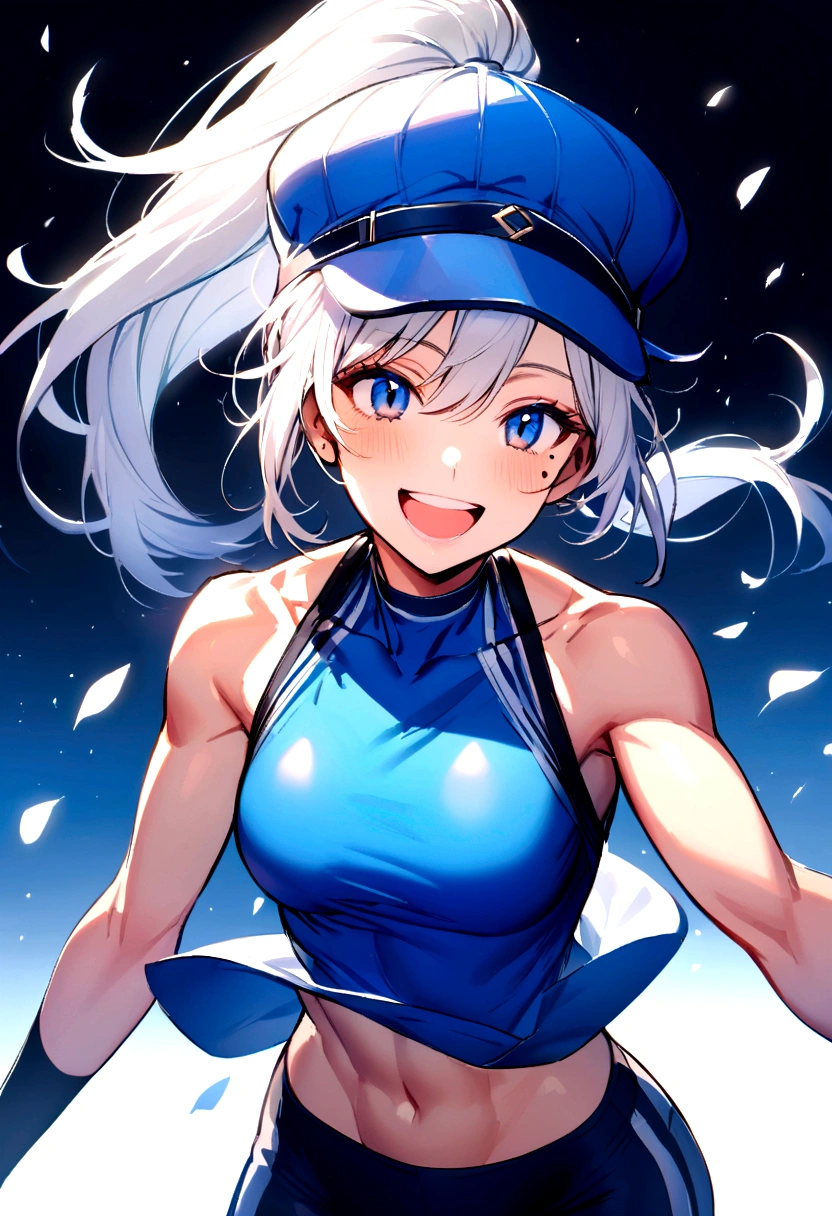 beautiful, masterpiece, Highest quality, anime, One girl, C Cup,Portrait Shot, View your viewers, Intricate details,>,((Covered、Short Hair、nearby、Blue Eyes、art、、White hair,Blue streaked hair、wallpaper、、hairpin、smile、Thighs、navel、Plainer_Race Queen、Plainer_Gloves、Plainer_Knee-high boots、Parasol、work、Plainer_Shorts、Off the shoulder、No sleeve