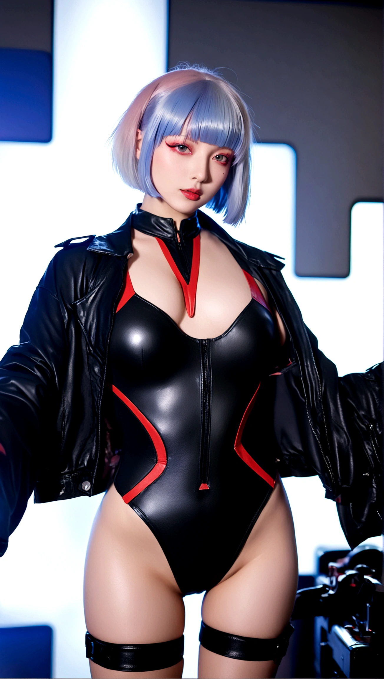 1girl, solo, , looking at viewer, short hair, bangs, bare shoulders, jacket, multicolored hair, open clothes, leotard, lips, grey eyes, bodysuit, makeup, black leotard, red lips, cyberpunk, lucy \(cyberpunk\)