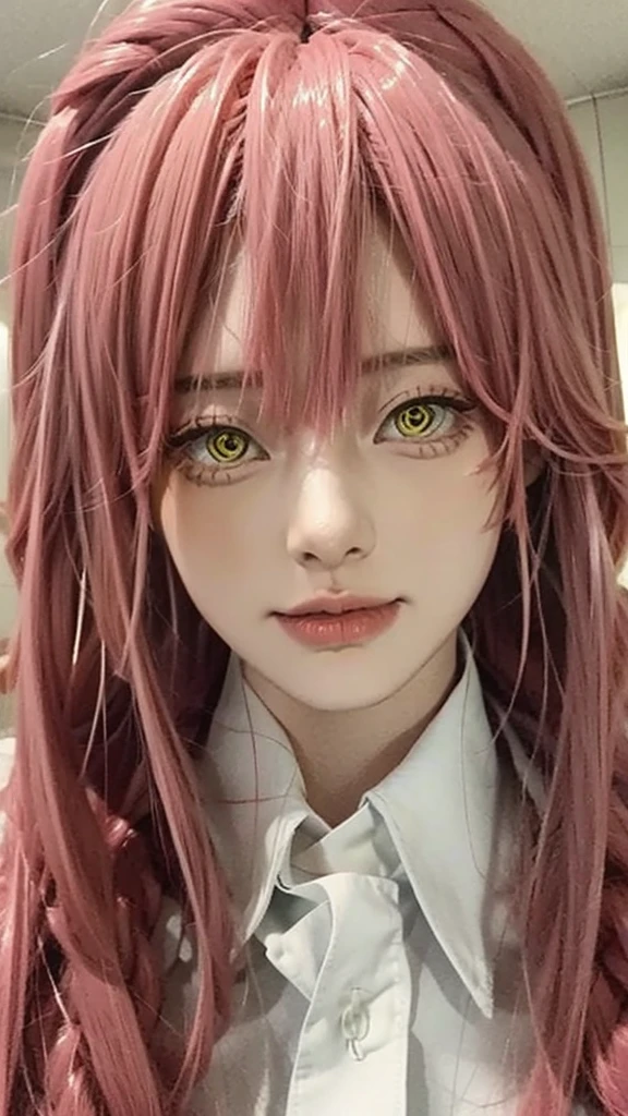 pink hair, yellow eyes