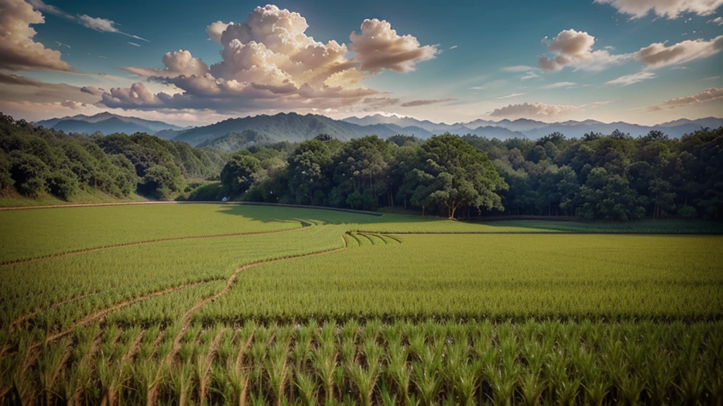 Wheat field, big clouds, blue sky, rice field, neat rice seedlings in the field, forest, hillside, secluded, rural, HD detail, hyper-detail, cinematic, surrealism, soft light, deep field focus bokeh, ray tracing and surrealism. --v6