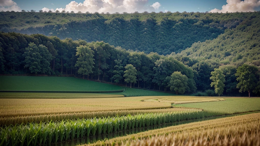 Wheat field, big clouds, blue sky, rice field, neat rice seedlings in the field, forest, hillside, secluded, rural, HD detail, hyper-detail, cinematic, surrealism, soft light, deep field focus bokeh, ray tracing and surrealism. --v6