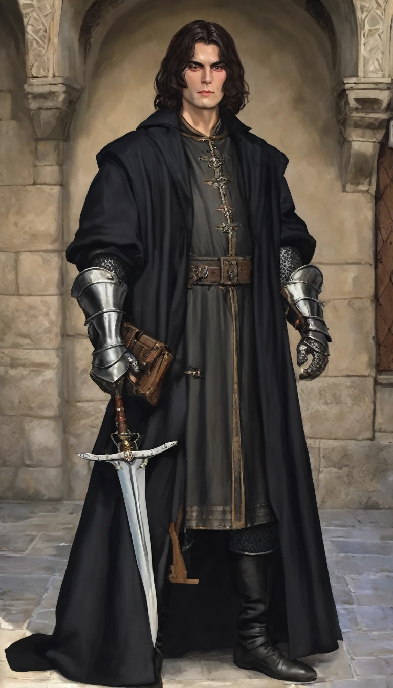 full-length photo of a 1.80 meter man, 90kg, long black overcoat , long and short hair, brown eyes, medieval armor with clawed metal gloves,. He has scars on the corner of his mouth and left eye and a medieval sword.