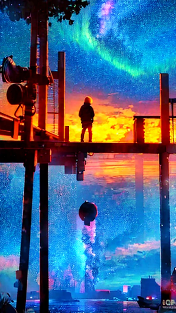 a silhouette of boy sitting in the pier next to a lake, in the distance, from behind, no face shown, looking at the vast sky, clouds, shooting stars, aurora borealis, milky way, the scene is dominated by vast sky, octane color rendering 