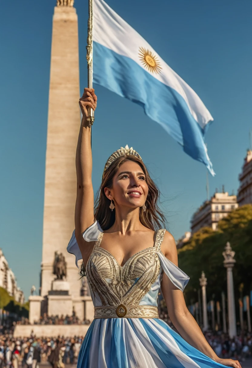 a woman celebrating argentina's national day, obelisk in the background, intricate detailed portrait, highly realistic, cinematic lighting, vivid colors, 8k, HDR, photorealistic, dramatic pose, elegant dress, waving argentinian flag, patriotic expression, warm golden tones, soft depth of field, architectural cityscape