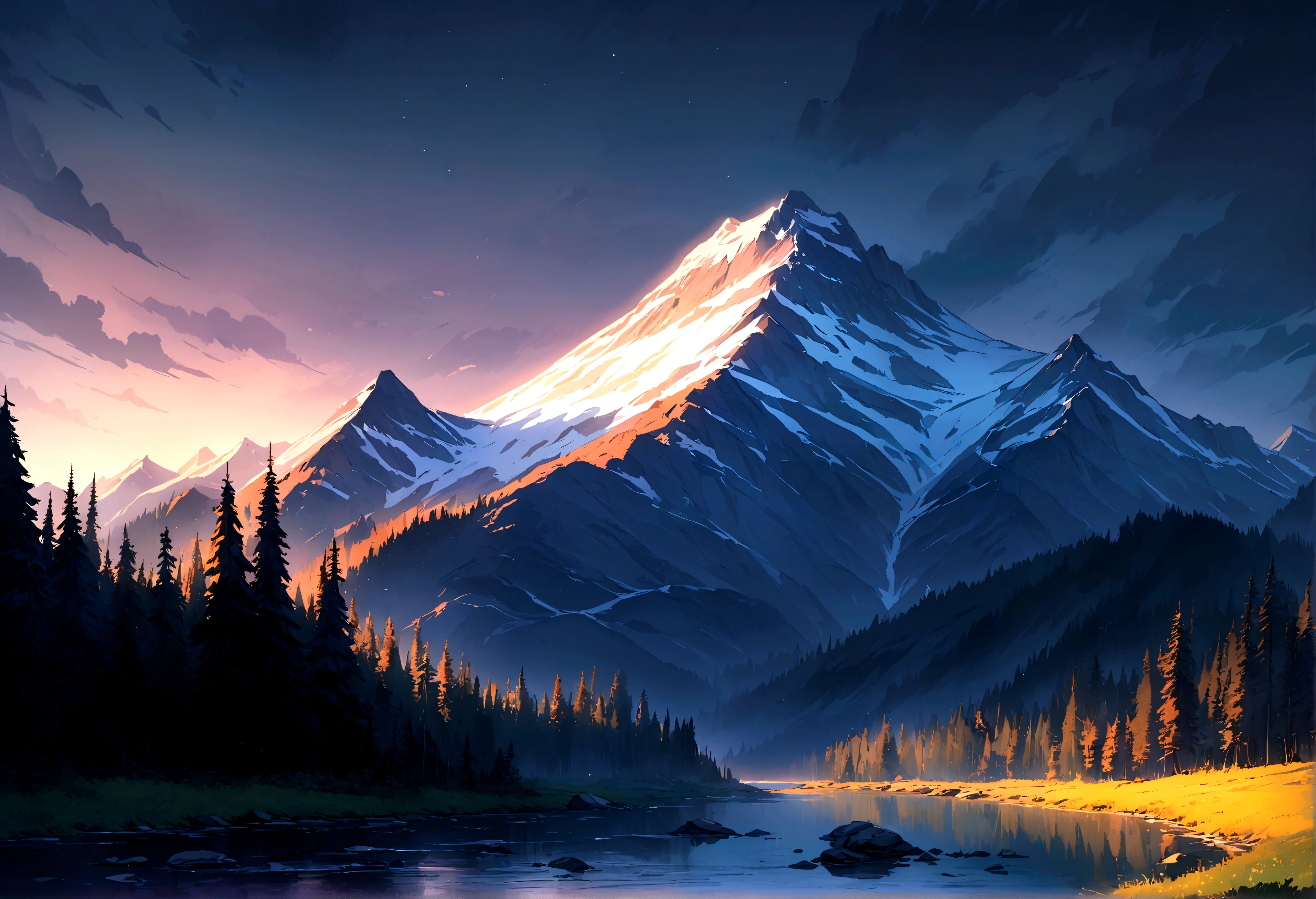 Beautiful outdoor, nature, no humans, mountain, glacier national park, dark twilight, forest, masterpiece, sharp focus, extremely detailed