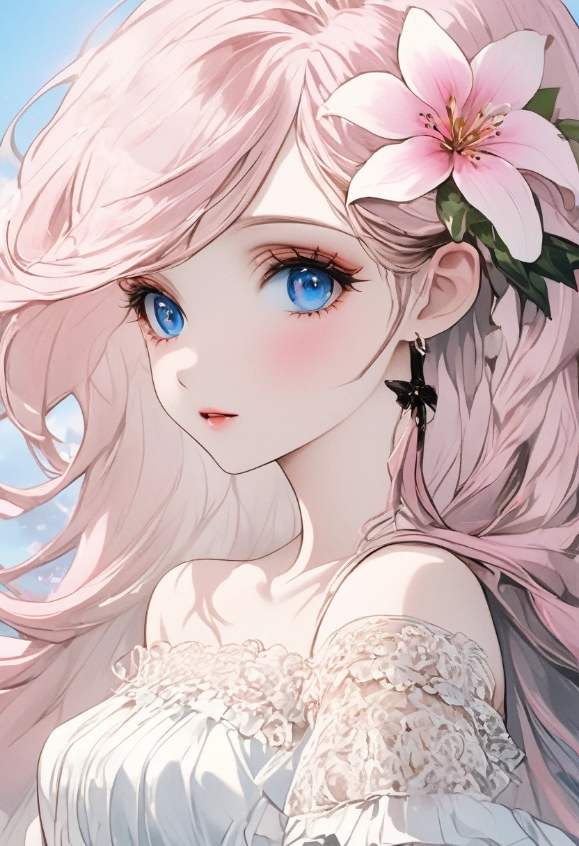 (masterpiece, Very detailed, Exquisite, beautiful, Full HD, High resolution, Absurd), Lilia, A girl with long pink hair, blue eyes, a white dress with black lace, a big pink ribbon on her chest, a white flower hair ornament around her right ear.