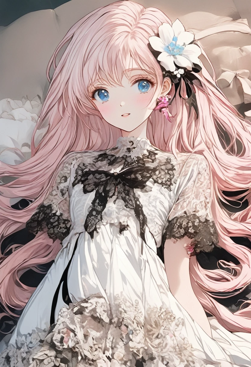 (masterpiece, Very detailed, Exquisite, beautiful, Full HD, High resolution, Absurd), Lilia, A girl with long pink hair, blue eyes, a white dress with black lace, a big pink ribbon on her chest, a white flower hair ornament around her right ear.