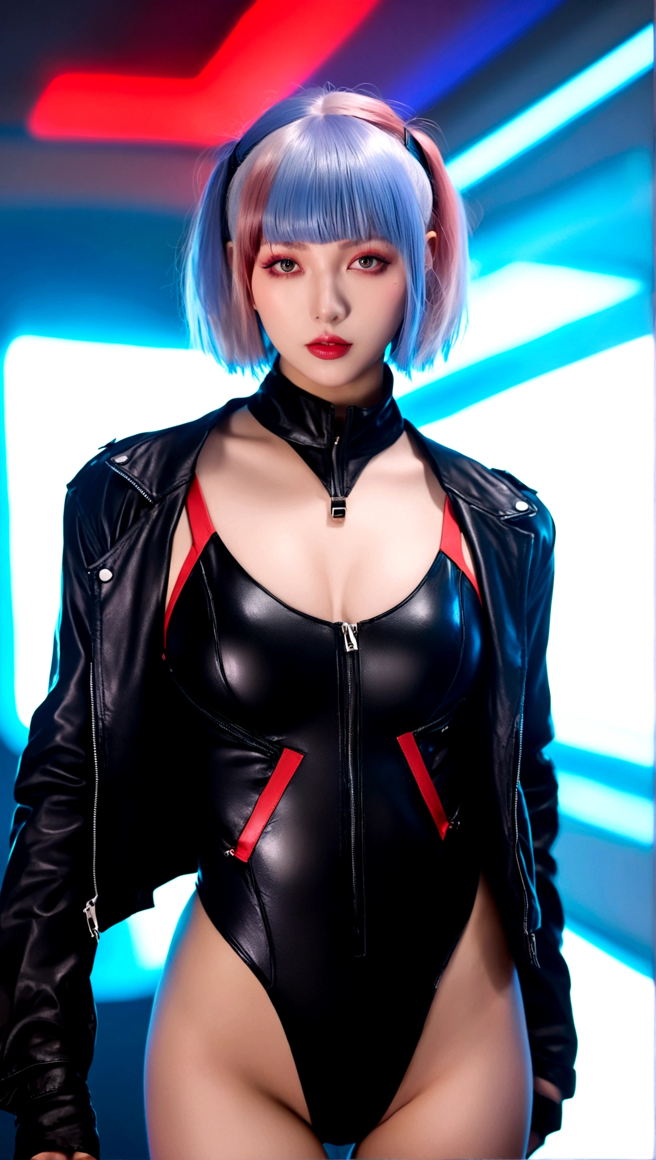 1girl, solo, breasts, looking at viewer, short hair, bangs, bare shoulders, jacket, multicolored hair, open clothes, leotard, lips, grey eyes, bodysuit, makeup, black leotard, red lips, cyberpunk, lucy \(cyberpunk\)