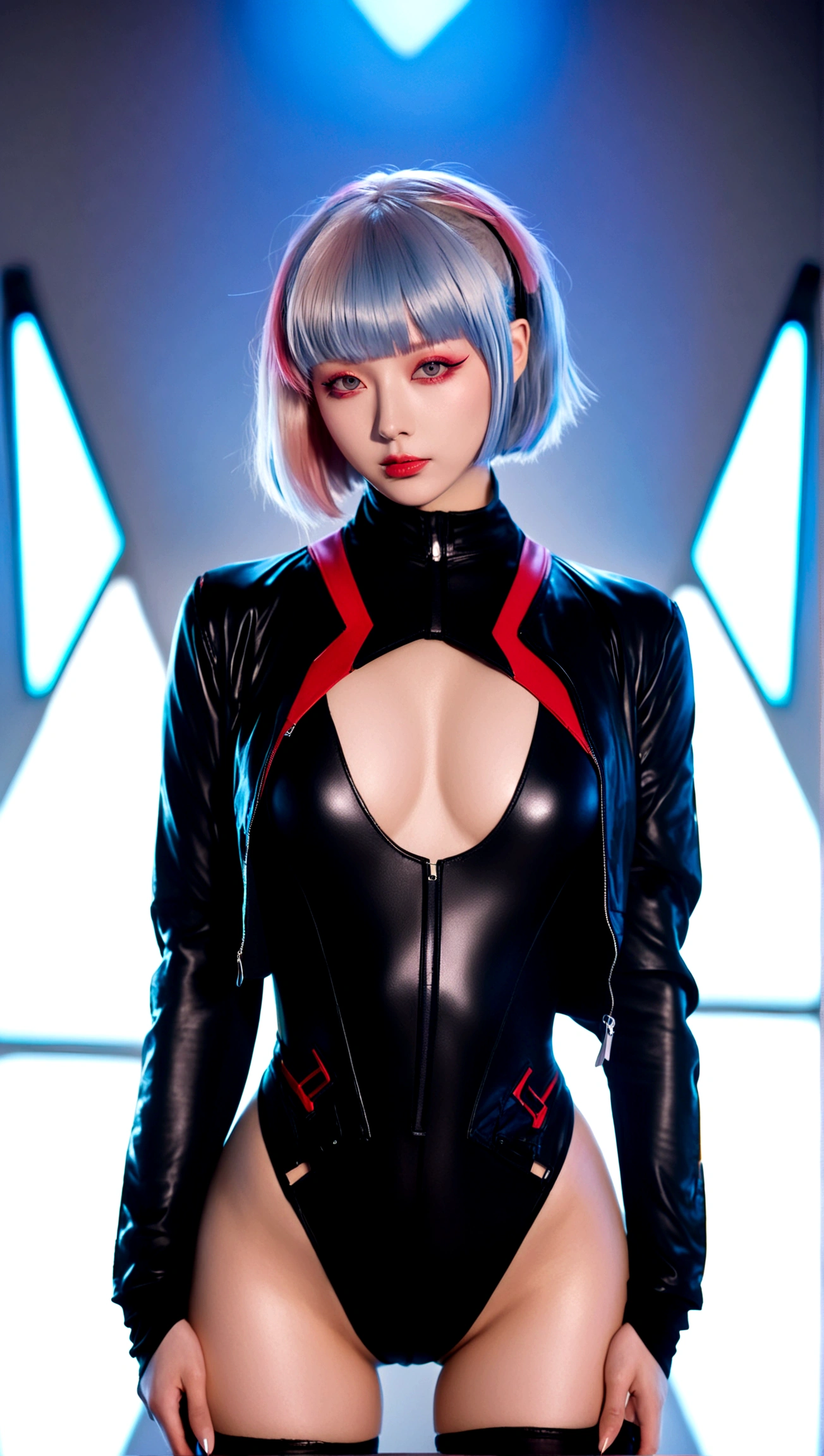 1girl, solo, breasts, looking at viewer, short hair, bangs, bare shoulders, jacket, multicolored hair, open clothes, leotard, lips, grey eyes, bodysuit, makeup, black leotard, red lips, cyberpunk, lucy \(cyberpunk\)