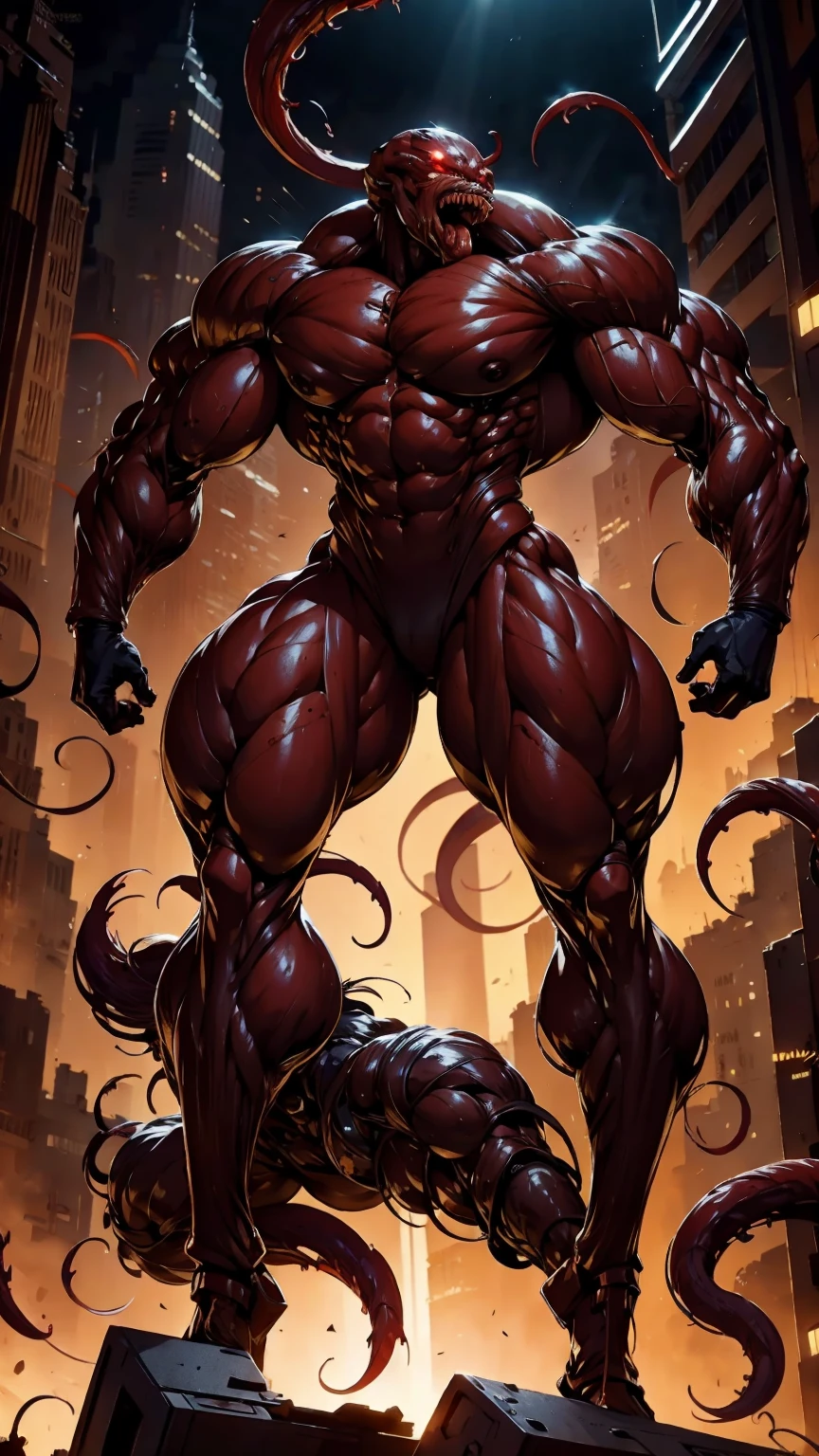 megan fox as a vampiric muscular red carnage, (mouth wide open with tongue out:1.25), (red carnage anatomic muscular bio-mecha muscle suit:1.25), (body totally covered in muscles, veins, tendons), (perfect muscular anatomy), (wide upper body:1.25), (thin legs:1.25), (beautiful face:1.25)