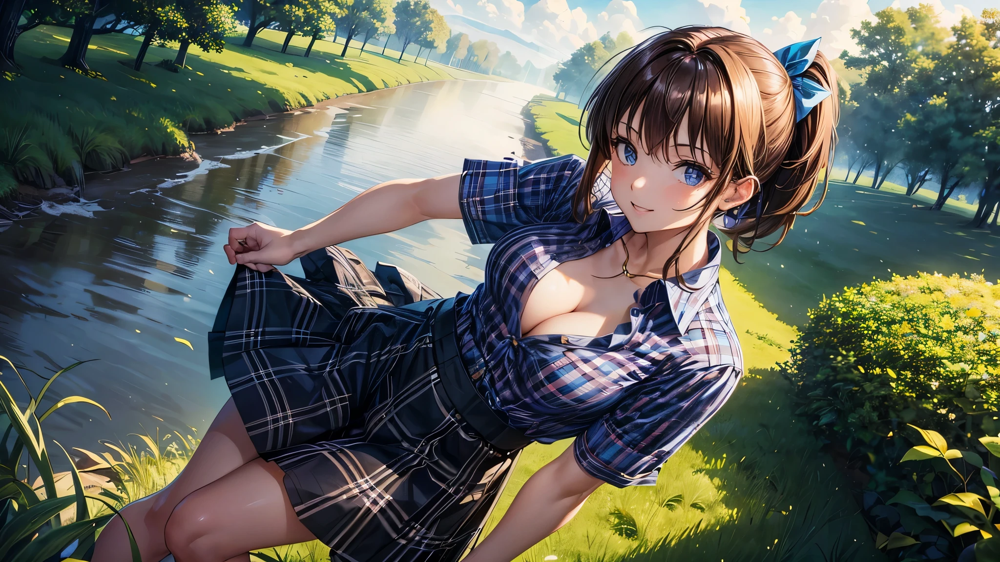 1girl, solo, full body, rural landscape, village, trees, sun, clouds, fantasy, brown hair, ponytail, large breasts, button down shirt, ((blue checked shirt)), ((short sleeved shirt)), ((unbuttoned shirt)), unbuttoning buttons, cleavage 1:3, shirt tied under chest, belly reveal, blue eyes, dark skirt, smile, looking at the viewer, standing, hair ribbon, golden necklate