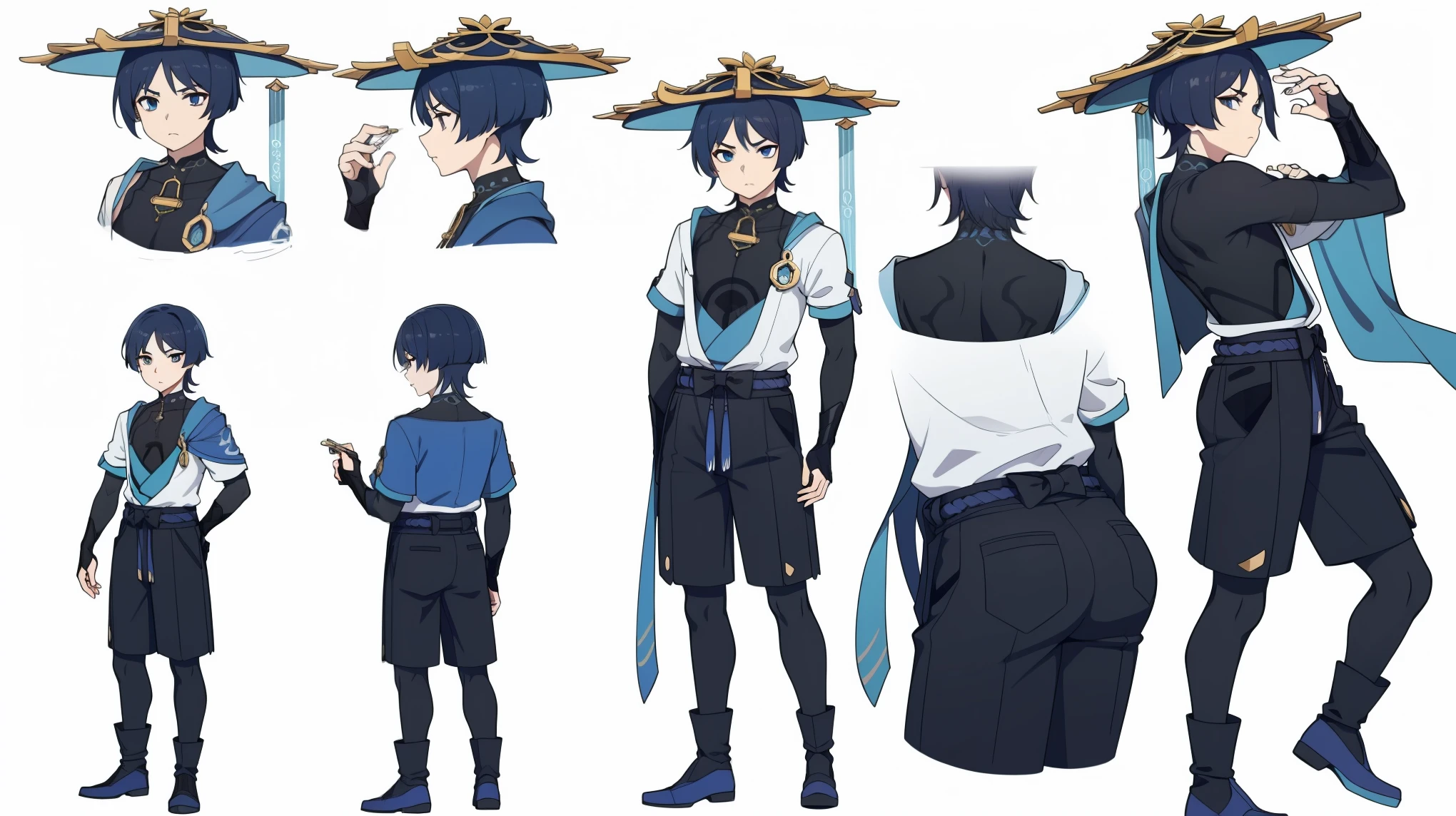 Thin, fit, 1boy, solo, male focus, looking at viewer, upper body,  hair, realistic, hat, (character design sheet, same character full body, front, side, back), Illustration, environment change, pose (simple background, white background: 1.3) ,--6